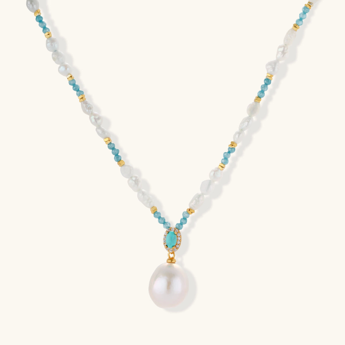 Beaded necklace with baroque pearls, turquoise stones, and gold accents featuring a large pearl pendant on white background.